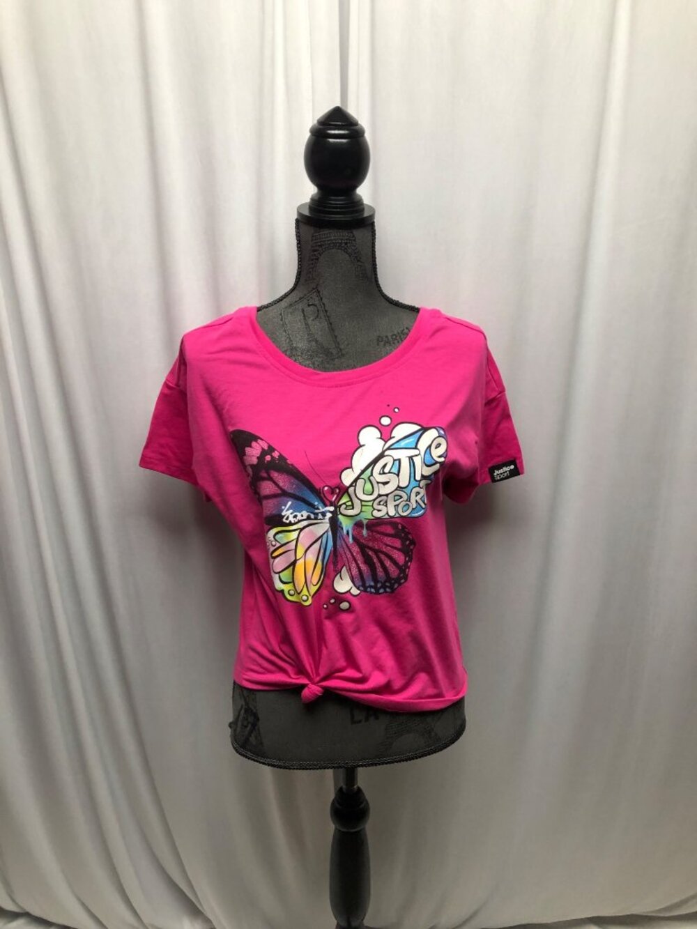 Justice Pink Butterfly Graphic T-Shirt Girls Size Large 12-14 Knotted Front